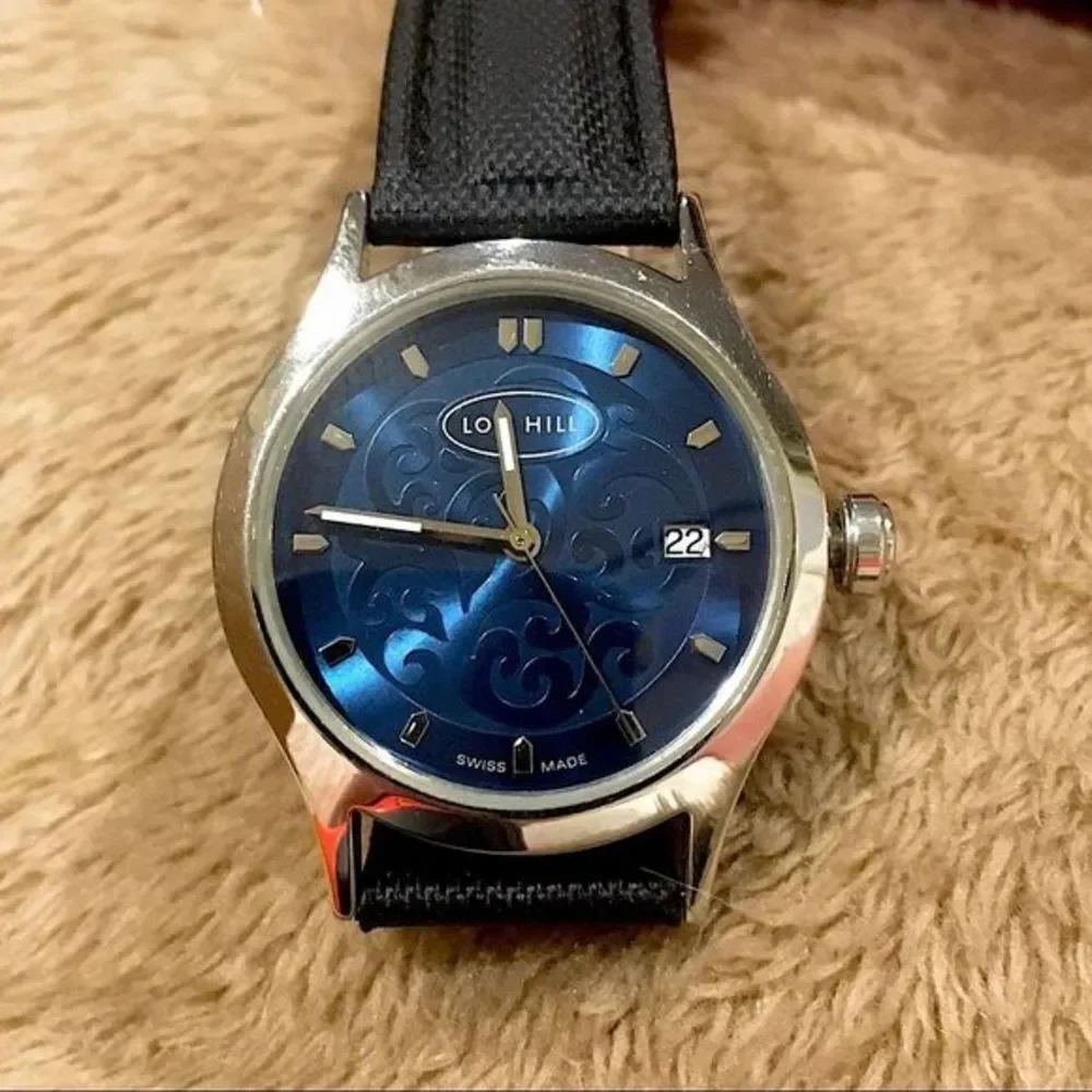 LOIS HILL Swiss Blue Round Face Watch with Black Leather Replacement Band